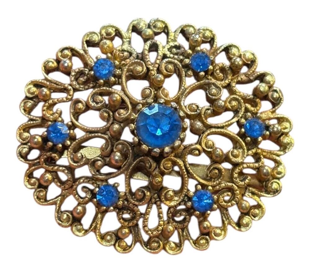 Vintage JJ Jonette Gold Tone Filigree Brooch Blue Rhinestones Statement Pin